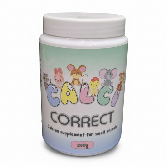 Supplement container labeled 'Calci Correct' with cartoon animals on a light green background